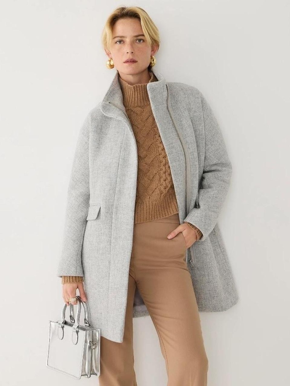 J Crew Light Gray Wool-Blend Stand-Collar Coat